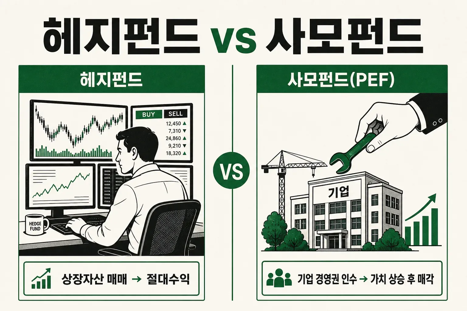 헤지펀드는 사고팔아 절대수익, 사모펀드는 기업 경영권으로 가치 상승이라는 차이를 표현한 비교 인포그래픽