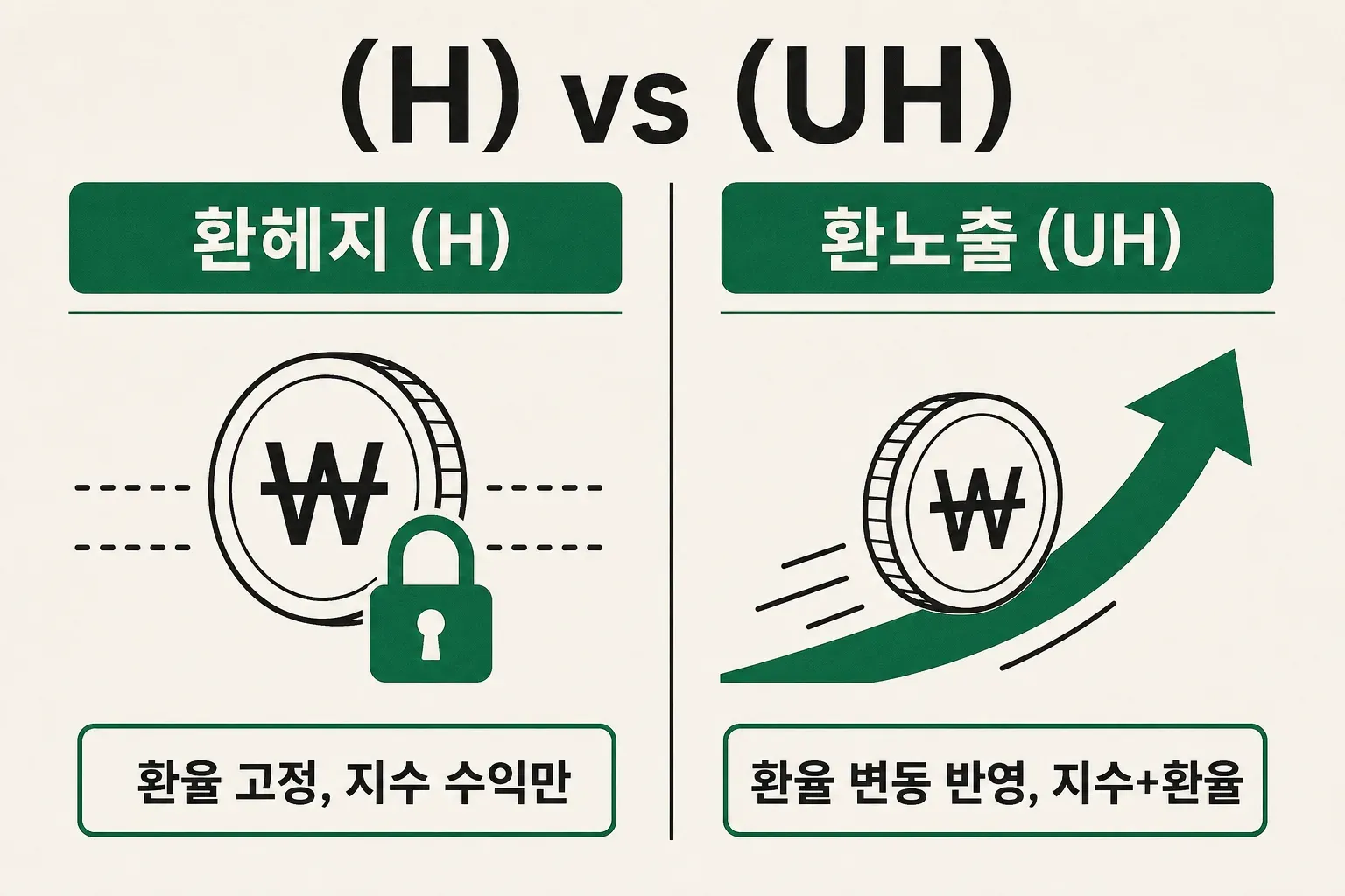 환헤지 H와 환노출 UH ETF의 수익 구성 차이를 비교한 인포그래픽